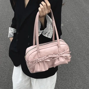 Rosa Schultertasche aus Kunstleder mit zwei Taschen und Schleifenverzierung für Damen