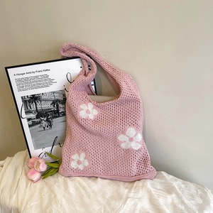 Handmade Hollow Out Knit Flower Tote Bag For Women Vintage Korean Style Large Capacity Crochet Shoulder Bag Summer Beach Shopping Bag
