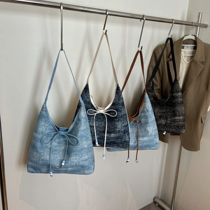 Denim bow hobo tote bag in four vintage wash colors with drawstring details