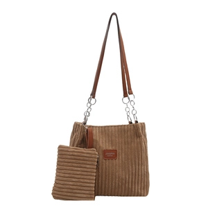 Brown corduroy tote bag set with metal chain strap and matching small zipper pouch