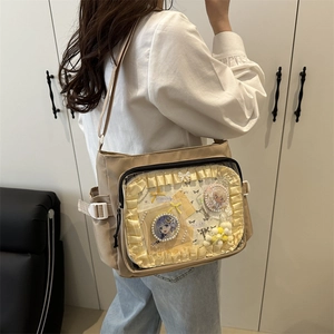 Sac Ita en toile beige de grande capacité avec fenêtre transparente et décor dentelle