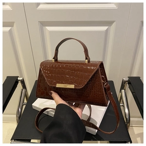 Détail d'un sac à main marron à motif crocodile avec fermoir métallique doré élégant