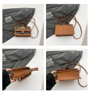 Detail view of leopard print crossbody bag showing textures, side profile and flat bottom