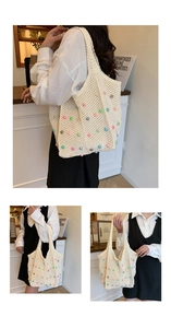 Detailed macro view of cream crochet tote bag with colorful beads and openwork texture