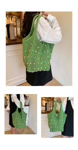 Detail of green crochet tote bag featuring colorful faux pearls and open knit texture