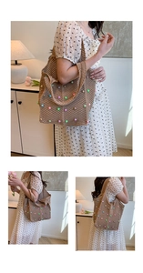 Detailed views of a woven tote bag featuring colorful pearl accents and spacious design
