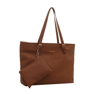 Brown leather tote bag set with detachable small pouch and gold Fashion lettering