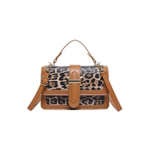 Vintage leopard print crossbody bag with brown leather trim and golden buckle hardware
