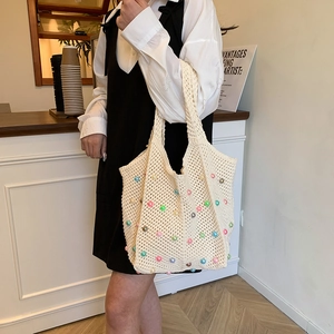 Chic beige woven crochet tote bag with colorful macaron beads and shoulder strap