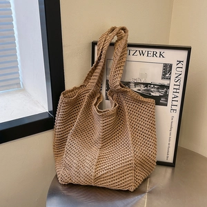 Large Capacity PU Crochet Knit Tote Bag Hollow Out Design Simple Shoulder Bag For Vacation Daily Leisure Women Handbag
