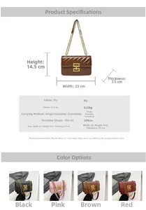 Detailed size chart for the PU leather quilted crossbody bag with metal chain strap