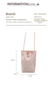 Detailed size specifications of pink silk crossbody phone bag with oriental pattern