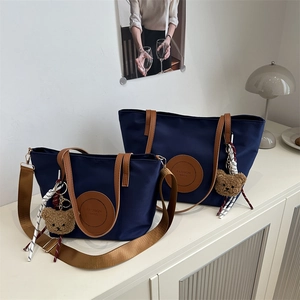 Fashion Nylon Tote Bag For Women Lightweight Contrast Color Shoulder Bag Casual Commuter Handbag With Cute Bear Charm
