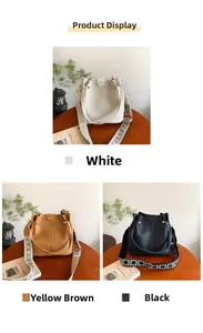 Detail of wide ethnic pattern strap and litchi texture PU leather bucket bag in three colors