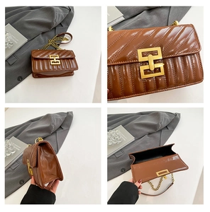 Detail showing caramel brown quilted leather bag with gold chain and metal clasp