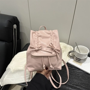 Women Fashion Bow Knot Pleated Mini Backpack Solid Color PU Leather Travel Daypack Girls Sweet Small Commuting School Bag