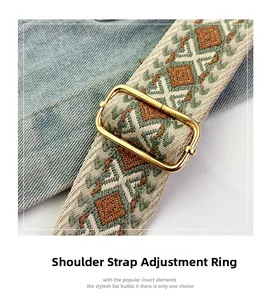 Macro shot of ethnic woven shoulder strap with adjustable gold-tone metal buckle