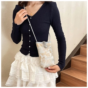 Sac bandoulière vertical pour téléphone avec broderie chinoise et nœud en soie élégant