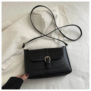 Macro detail of black woven texture on leather square bag with gold buckle fastener