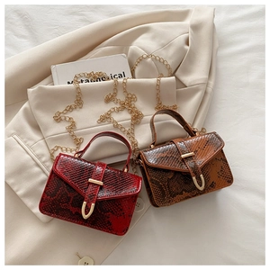 Detail of crocodile pattern leather bags with golden U-shaped clasp and chain straps