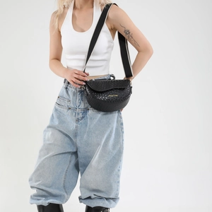Black woven texture crescent saddle bag with stylish striped wide strap for women