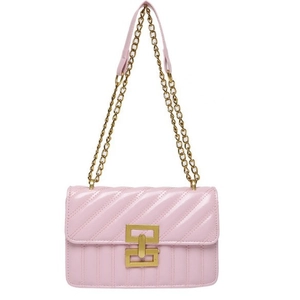 Pink quilted shoulder bag with gold chain strap and geometric metal buckle on white background