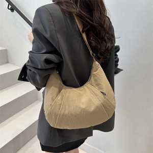 Large capacity khaki nylon crescent bag with pleated design for sports and leisure wear