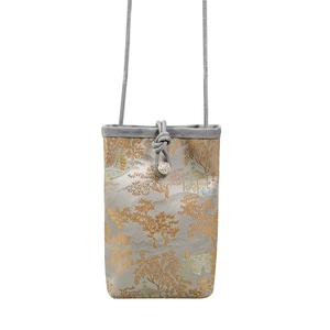 Mini gray satin crossbody phone bag with traditional Chinese embroidery and silver bead