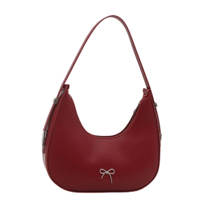 Minimalist red crescent hobo bag with a silver bow buckle for women's casual fashion