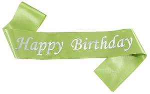 Detailed view of glossy green satin Happy Birthday sash with white elegant lettering
