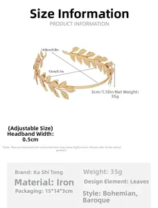 Detailed dimension guide for golden Greek leaf crown headband with baroque style specs
