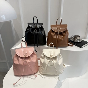 Minimalist PU leather backpack for women shown in black, brown, pink, and white colors