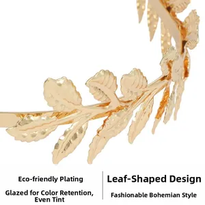 Detail of gold metal leaf headband with eco-friendly plating and tarnish-resistant finish