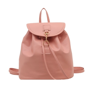 Minimalist pink PU leather backpack for women with flap closure and metal hook buckle