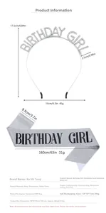 Detailed view of silver rhinestone headband and black birthday girl sash dimensions