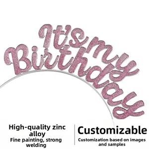 Detail of pink glitter 'It's my Birthday' lettering on a polished zinc alloy headband