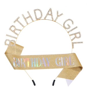 Ensemble diadème strass Birthday Girl et écharpe pailletée dorée pour fête d'anniversaire