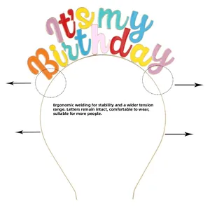 Detail of colorful It's my Birthday headband with reinforced welding for durability