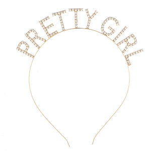 Diadema metálica dorada con letras PRETTY GIRL de cristal para accesorios de fiesta