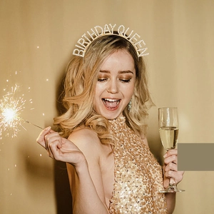 Golden Birthday Queen rhinestone headband tiara for women at a birthday party celebration