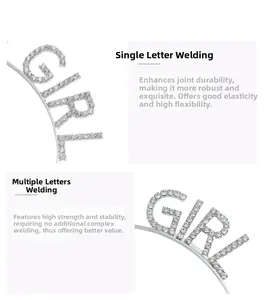 Detailed welding process comparison on a sparkling rhinestone Birthday Girl headband set