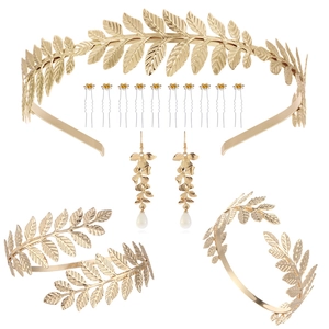 Baroque gold leaf bridal jewelry set with laurel headband pearl earrings and arm cuffs