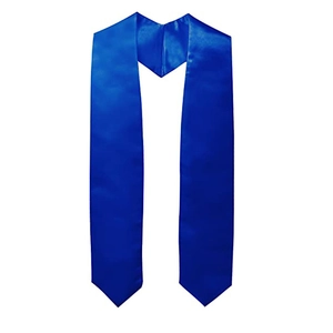 Detail of royal blue satin graduation stole showing smooth texture and V-neck cut