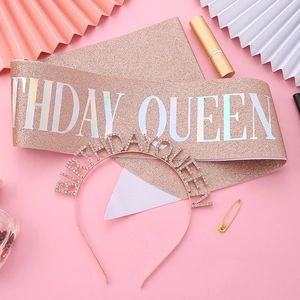 Detail of rose gold Birthday Queen sash and rhinestone headband for party sets