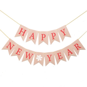 Pink Happy New Year bunting banner with red letters and white snowflake design