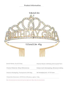 Détail du diadème Birthday Girl en cristal avec dimensions de 13,5 cm sur 5,8 cm