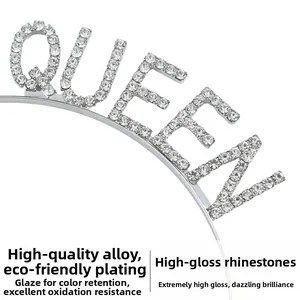 Close-up of Birthday Queen crown showing sparkling rhinestones on a silver alloy base