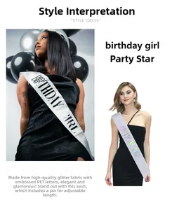 Close-up of glitter sash with black Birthday Girl lettering and adjusting pin