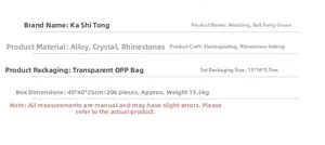 Specifications of bridal crystal crown showing 15x18x5.7cm dimensions and alloy material