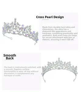 Detail of silver bridal crown with purple teardrop rhinestones and secure pin loops